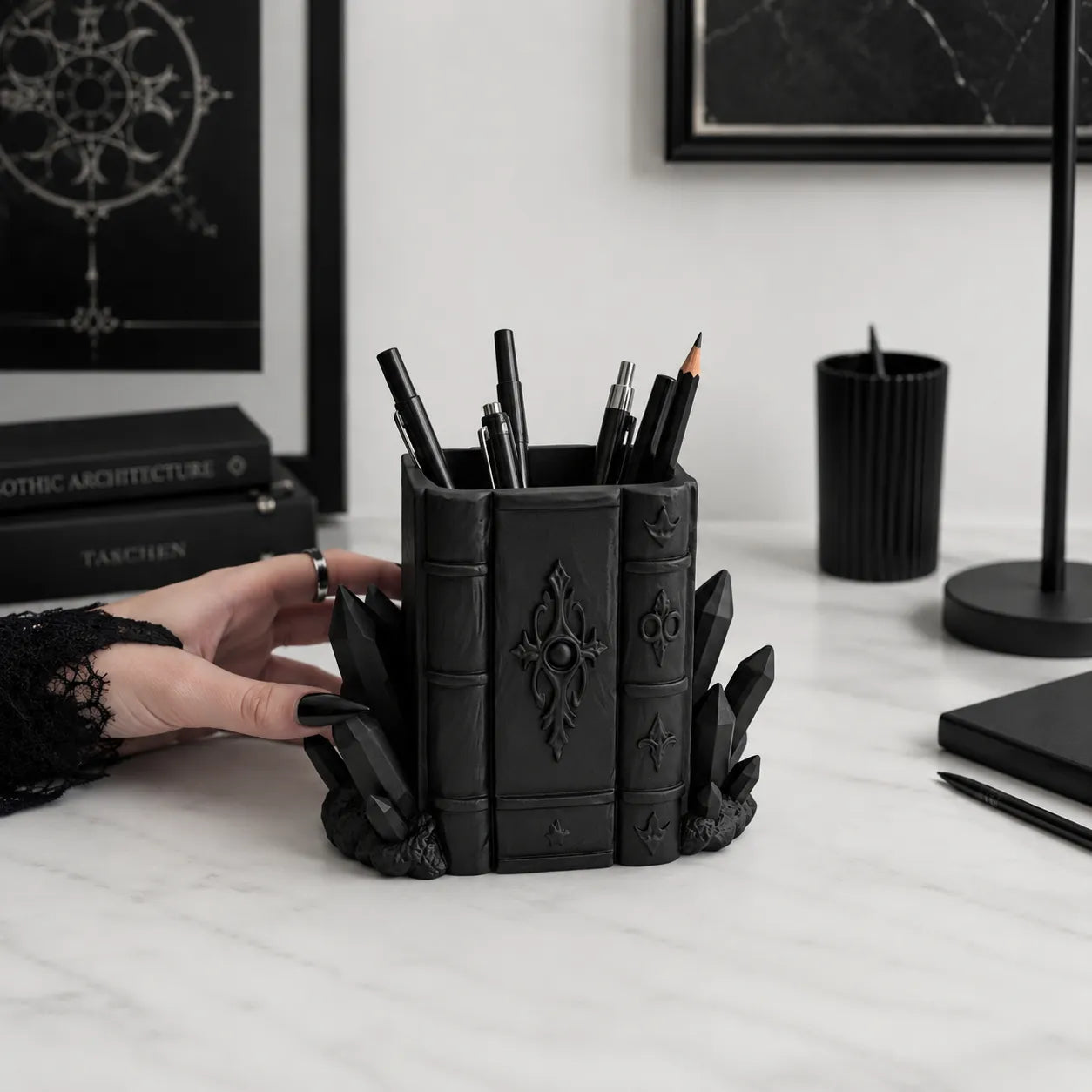 Goth Book Crystal Brush Organizer Pen Holder